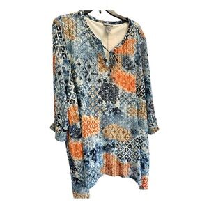 Catherine’s Asymmetrical Hem Blouse Blue Orange Lined Sheer Sleeves 3x/WP 26-28